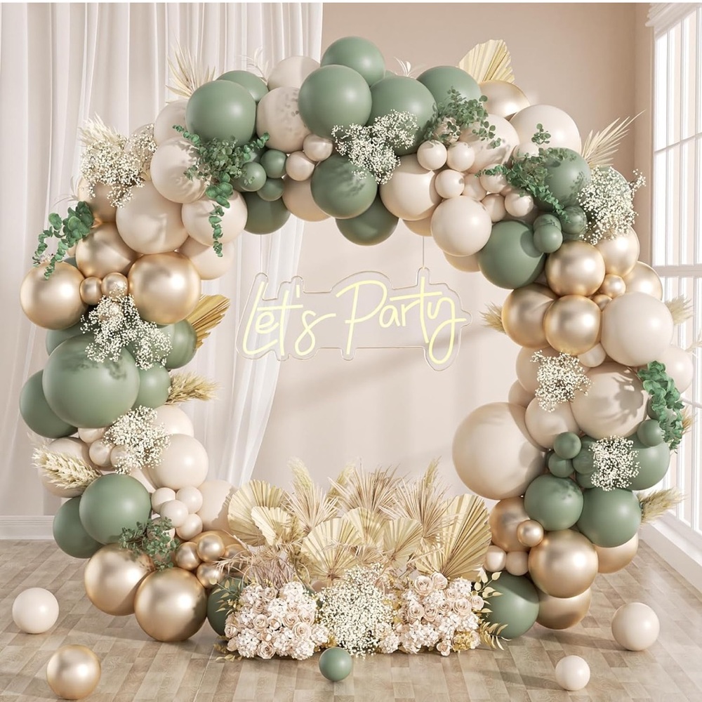 Elegant Balloon Arch with Green and Gold Accents